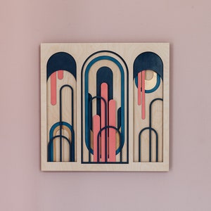 Wall sculpture NeoRomans No8, wooden wall picture, multi-colored wall decoration, multi-layered wooden picture, laser cut, colorful wood art