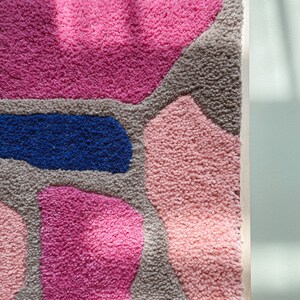 May include: A framed wall hanging with a colorful abstract design. The design features various shapes and colors, including pink, blue, and brown. The shapes are made of a fluffy, textured material.
