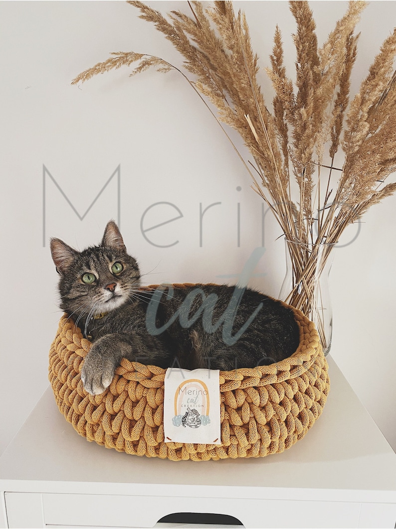 Puede incluir: Un gato atigrado descansando en una cama de gato de crochet de color mostaza. La cama tiene una etiqueta blanca con el texto "Merino Cat Creation" y un gr&aacute;fico de arco&iacute;ris.