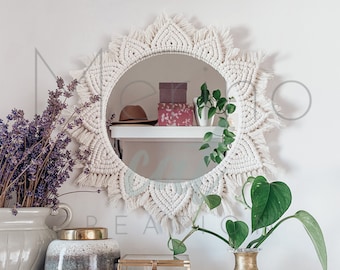 Spiegel Makramee Sonne: Boho Wandbehang, Kinderzimmer Deko