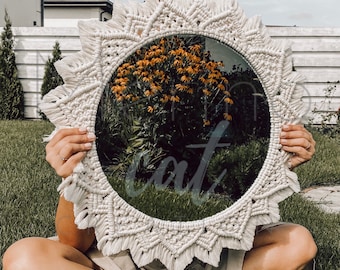 Espejo grande de macramé con mandala: decoración bohemia para colgar en la pared