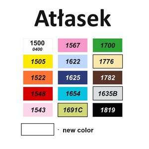May include: A chart with color swatches and corresponding numbers. The colors include yellow, orange, red, pink, light blue, dark blue, turquoise, light gray, brown, black, and beige. The text "Atłasek" is at the top of the chart. The text "new color" is below the chart.