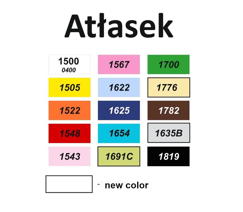 May include: A chart with color swatches and corresponding numbers. The colors include yellow, orange, red, pink, light blue, dark blue, turquoise, light gray, brown, black, and beige. The text "Atłasek" is at the top of the chart. The text "new color" is below the chart.