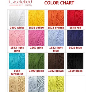 May include: Color chart for crochet thread with 12 different colors, including white, yellow, orange, red, light pink, pink, light blue, blue, turquoise, green, brown, and black.