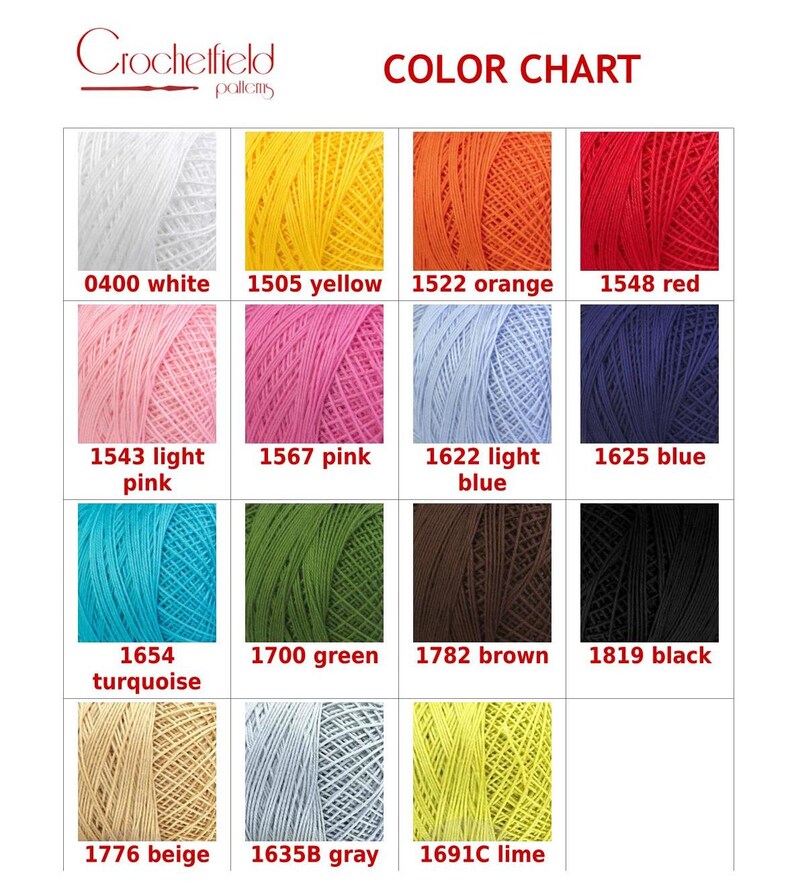 May include: Color chart for crochet thread with 12 different colors, including white, yellow, orange, red, light pink, pink, light blue, blue, turquoise, green, brown, and black.
