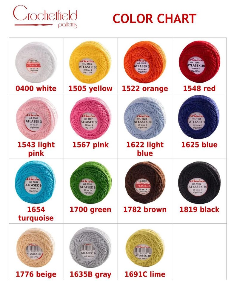 May include: Color chart of yarn balls in various colors, including white, yellow, orange, red, light pink, pink, light blue, blue, turquoise, green, brown, black, beige, gray, and lime. Each ball has a label with the color number and name.