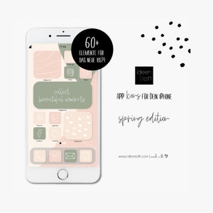May include: A smartphone mockup with a green and pink app icon design theme. The phone screen displays a collection of app icons with a spring theme. The text on the screen reads "collect beautiful moments". The text on the phone screen also reads "60+ Elemente für das neue iOS14". The text below the phone reads "APP Icons für dein iPhone spring edition www.ideenloft.com | made with ♥".