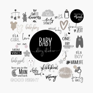 May include: A set of black and white baby story stickers with various designs, including a baby bottle, a heart, a baby in a onesie, a star, a moon, a tooth, a pacifier, a cloud, a mobile, a bunny, a baby shower hat, and text that says "baby story sticker".