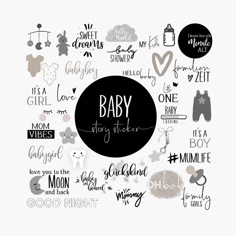 May include: A set of black and white baby story stickers with various designs, including a baby bottle, a heart, a baby in a onesie, a star, a moon, a tooth, a pacifier, a cloud, a mobile, a bunny, a baby shower hat, and text that says "baby story sticker".