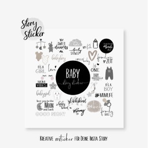 May include: A set of black and white baby-themed stickers for Instagram stories. The stickers feature phrases like "baby shower", "it's a girl", "it's a boy", "love", "mom vibes", "good night", "family goals", and more. The stickers are designed in a cute and playful style.