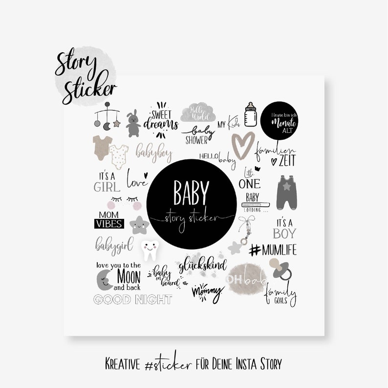 May include: A set of black and white baby-themed stickers for Instagram stories. The stickers feature phrases like "baby shower", "it's a girl", "it's a boy", "love", "mom vibes", "good night", "family goals", and more. The stickers are designed in a cute and playful style.