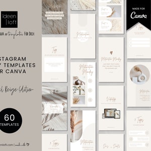 Peut inclure: 60 modèles de story Instagram pour Canva dans un schéma de couleurs beige neutre. Les modèles présentent divers designs avec du texte, des images et des graphiques. Le texte comprend des phrases comme "Motivation Monday", "Conseils" et "Jour après jour".