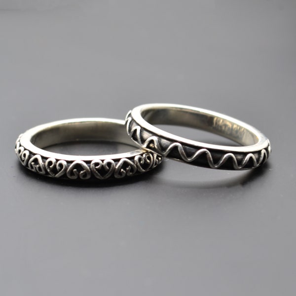 Pair of Stackable Bali Sterling Rings - Silver Band - BA Suarti - Size 9 - Indonesia