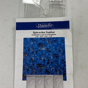 May include: A clear plastic quilting template set with a paper insert. The insert features a blue and white floral design and the text "Spin-e-fex Feather" and "High Shank Template". The set includes templates in sizes 3.5", 4.5", 5.5", and 7.5".