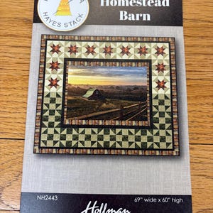 May include: A quilting pattern for a Homestead Barn quilt, featuring a red barn with a sunset background. The pattern is 69 inches wide by 60 inches high. The pattern is from Needle in a Haystack by Hollman.