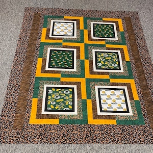 Green Bay Packers Quilt Kit using Botanical Pattern 66 1/2 X 80 1/2 (Border fabric has been substituted for another football print)
