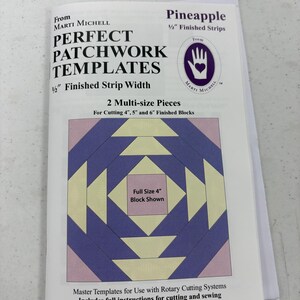 May include: A white booklet titled "PERFECT PATCHWORK TEMPLATES" by Marti Michell. The cover features a pineapple quilt block design in shades of purple, pink, and yellow. The booklet includes instructions for cutting and sewing, with product number 8262.