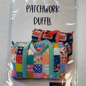 May include: A sewing pattern for a patchwork duffel bag. The pattern includes instructions for making a bag with a colourful patchwork design. The pattern is from Knot + Thread Design.