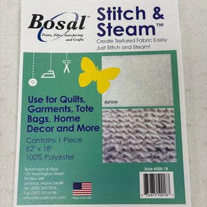 May include: A white package with the text "Stitch & Steam" and "Bosal" in blue and black. The package contains a 62" x 18" piece of 100% polyester fabric. The package is for use in quilting, garments, tote bags, home decor, and more.