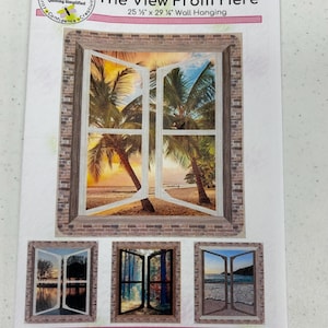 May include: A wall hanging pattern titled "The View From Here" by Cathey Marie Designs. The main image depicts a window scene with palm trees at sunset. The wall hanging measures 25.5 x 29.25 inches. Additional window scenes are shown below.