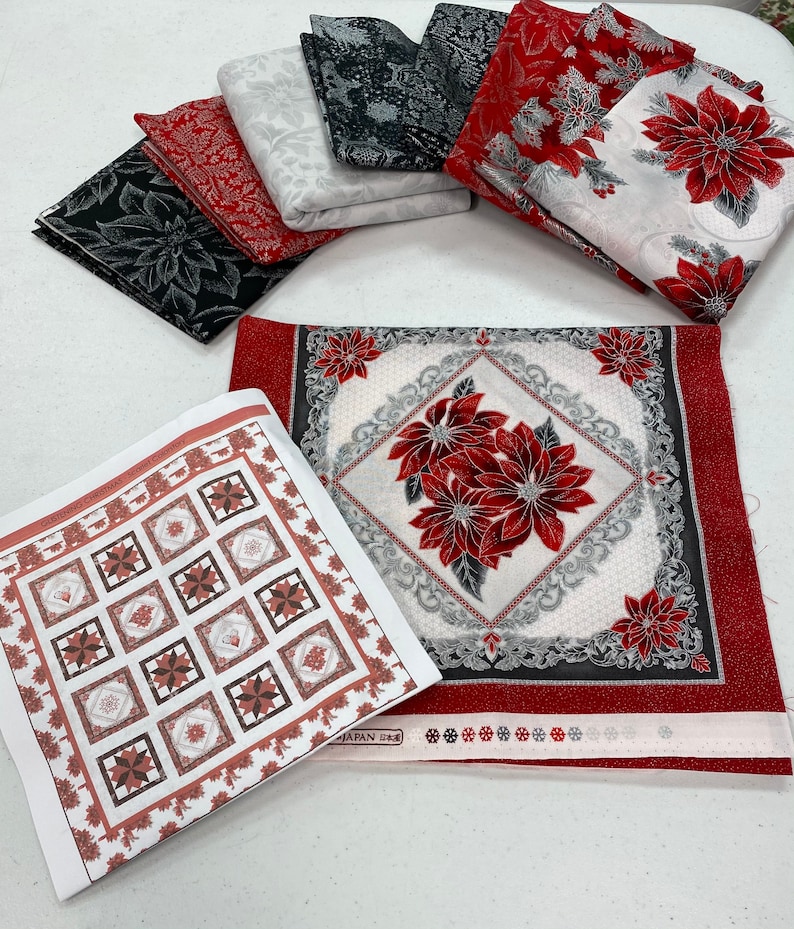 Kit includes Panel Glistening Christmas Kit made with Holiday Flourish by Robert Kaufman coordinating fabrics binding and pattern