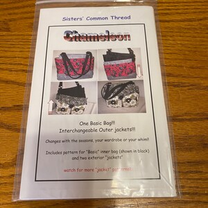 May include: A sewing pattern for a "Chameleon" bag with interchangeable outer jackets. The pattern includes instructions for a basic inner bag and two exterior jackets. The image shows four different versions of the bag, each with a different outer jacket.