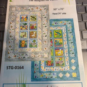 May include: A quilt pattern by The Sweet Tea Girls Patterns, featuring a colorful design with animal illustrations. The pattern is titled "Diamond-Square" and includes dimensions of 50" x 70" (127 x 178 cm) and a panel width of 24" (61 cm).
