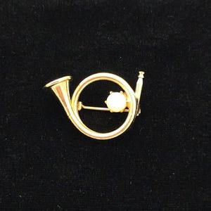 Vintage Gold Tone French Horn Faux Pearl Brooch Pin