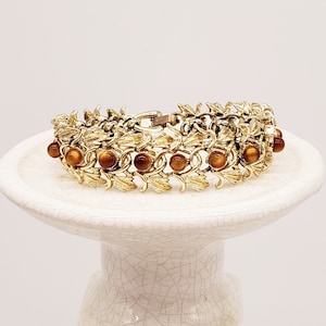 Elegant Vintage Judy Lee Gold Leaf Brown Cat Eye Bracelet