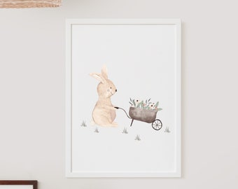 Affiche chambre d'enfant lapin avec brouette et fleurs, affiche de printemps, idée cadeau pour enfants, cadeau d'anniversaire, cadeau de Pâques pour enfants