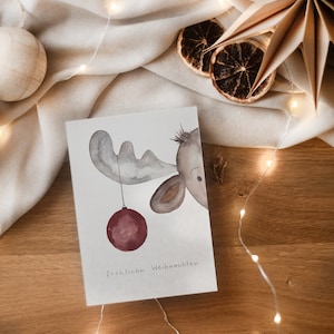Weihnachtskarte Elch mit Christbaumkugel, Karte Weihnachten, Geschenkkarte Weihnachten, Geschenkidee Weihnachten, Postkarte Weihnachten Kind