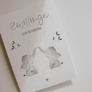 Karte zur Geburt Zwillinge A6 | Motiv Elefanten, Karte Elefant, Babykarte, Zwillingskarte, Karte Zwillinge, Glückwunschkarte Zwillinge