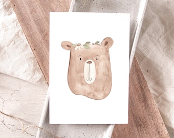 Ours en carte avec couronne de fleurs A6 | Carte d'anniversaire ours carte d'anniversaire enfant carte cadeau enfant bébé carte ours carte de printemps carte de Pâques