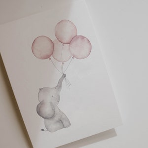 Karte zur Geburt oder Geburtstag, Babykarte, Glückwunschkarte Geburt, Karte Elefant mit Ballons, Kindergeburtstagskarte, Format A6