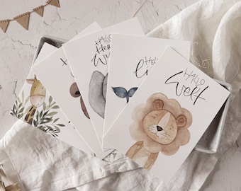 Birth card set, 5 cards, lion, whale, monkey/giraffe, elephant and bear, baby card, birth card, baby shower, card in A6 format