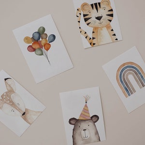 Kartenset zum Geburtstag Kinder, 5 Karten, Motive: Reh, Ballons, Geburtstagsbär, Regenbogen, Tiger,  Kindergeburtstagskarte, Postkarte Kind