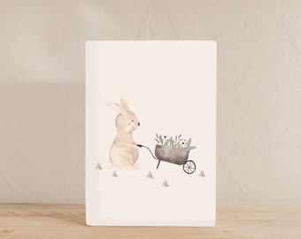 Carte lapin avec brouette et fleurs, carte d'anniversaire pour enfants, carte postale pour enfants, carte d'anniversaire pour enfants, carte de printemps, carte de Pâques pour enfants