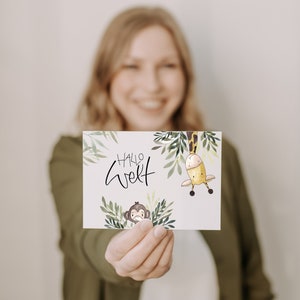 Kartenset zur Geburt, Affe - Giraffe, Kartenset aus 5 Karten, Karte zu Geburt, Babykarte, Karte Geburt Baby, Naturpapier im Format A6
