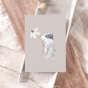 Karte Dachs mit Blume A6 | Frühlingskarte Karte Ostern Osterkarte Geschenkidee Kinder Ostergeschenk Kind Geschenkkarte Kind Ostern