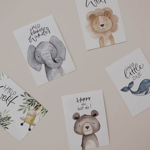 Kartenset zur Geburt, 5 Karten, Löwe, Wal, Affe/Giraffe, Elefant und Bär, Babykarte, Karte Geburt, Babyparty, Karte im Format A6