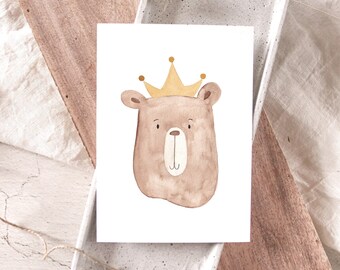 Carte ours avec couronne A6 | Carte d'anniversaire ours carte ours carte pour la naissance carte d'anniversaire enfant carte cadeau enfant bébé carte ours