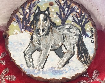 3" Dapple Grey Horse in Snow Wood Slice Ornament
