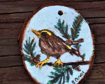 2" Bird in Pine Branches Wood Slice Ornament