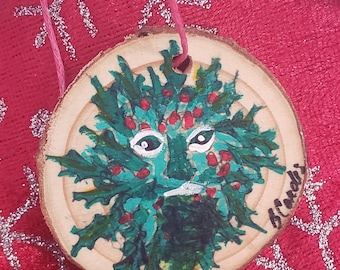 2" Green Man Wood Slice Ornament