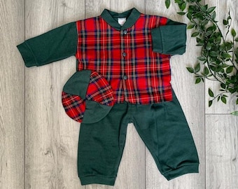 Skotskt tartan babyset, vintage babykläder, babytröja och byxor, söt skotsk babyoutfit, babyloungekläder, unisex, handgjord