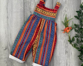 Multi-colour Boho Aztec Baby Romper, Cute Preppy Vintage Cotton Fabric, Unisex Neutral Baby Clothes, Denim Baby Overalls,