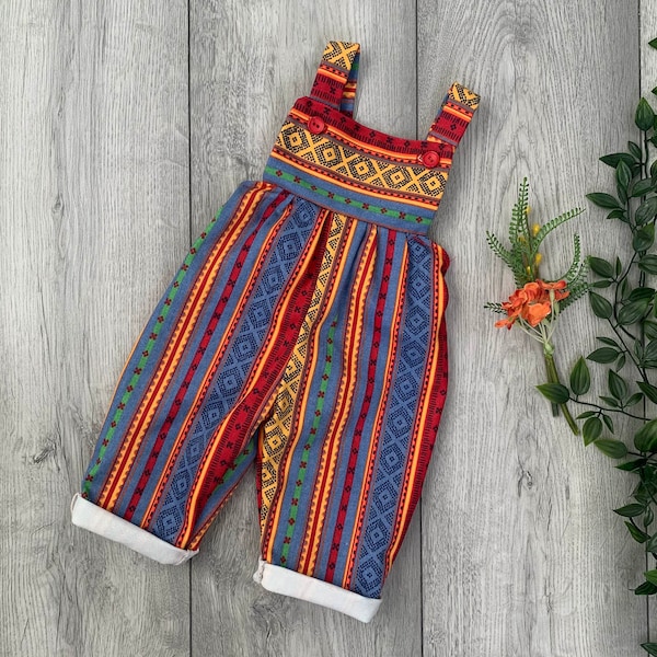 Multicolor Boho Aztec Baby Romper, Lindo Preppy Vintage Cotton Fabric, Unisex Neutral Baby Clothes, Denim Baby Overalls,