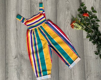 Retro Vintage Baby Dungaree, Romper Yellow and Purple Bright Abstract Striped Romper, Lightweight, Summer/Spring Unisex