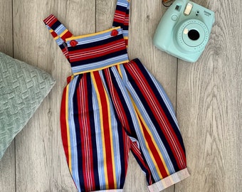 Striped Baby Romper, Retro Baby Dungarees, Primary Colours, Lightweight Cotton Baby Romper, Unisex Baby Gift