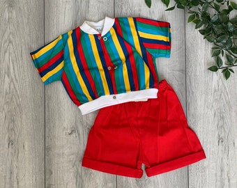 Unisex, Preppy Two Piece Vintage Baby Outfit, Summer Jacket/Top and Denim Shorts